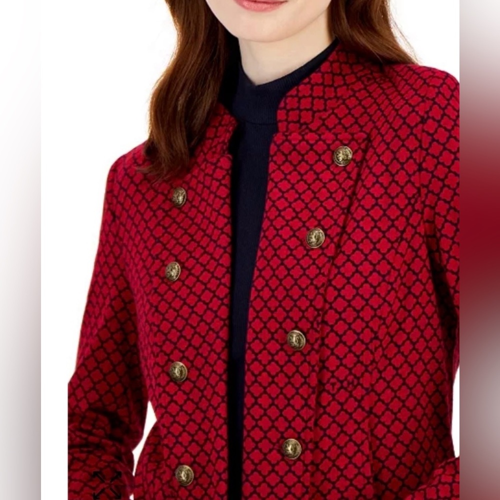 NWT $109 Tommy Hilfiger S Red Navy Jacquard Military Blazer Jacket Workwear - Picture 2 of 12